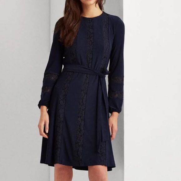 Lauren RL Navy Jersey Lace-Sleeve Dress sz 6 - Picture 5 of 11